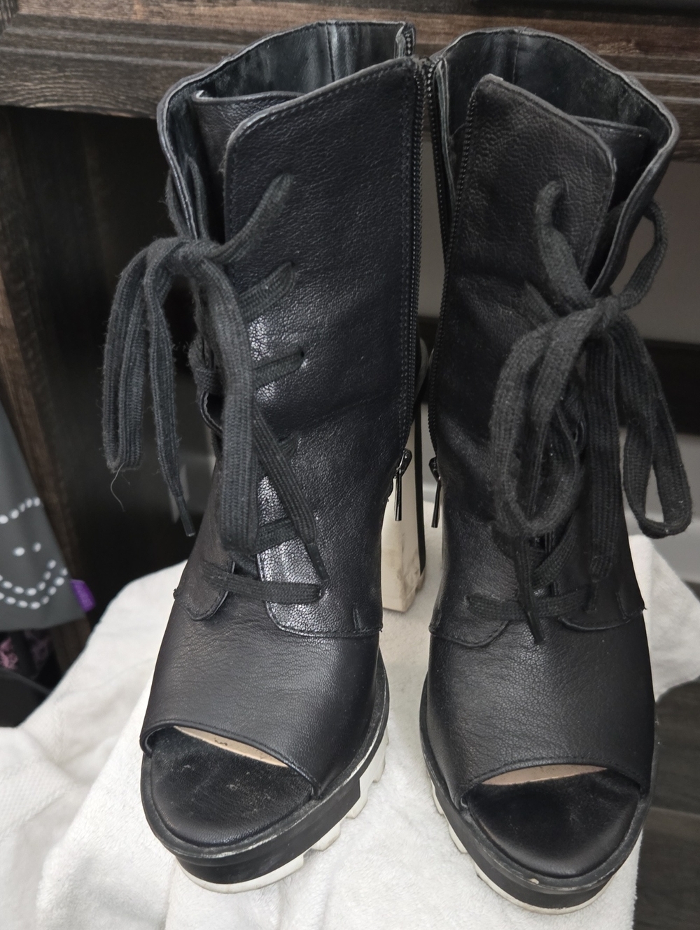 Jessica Simpson Black Peep-Toe Lace-Up Wedge Boots